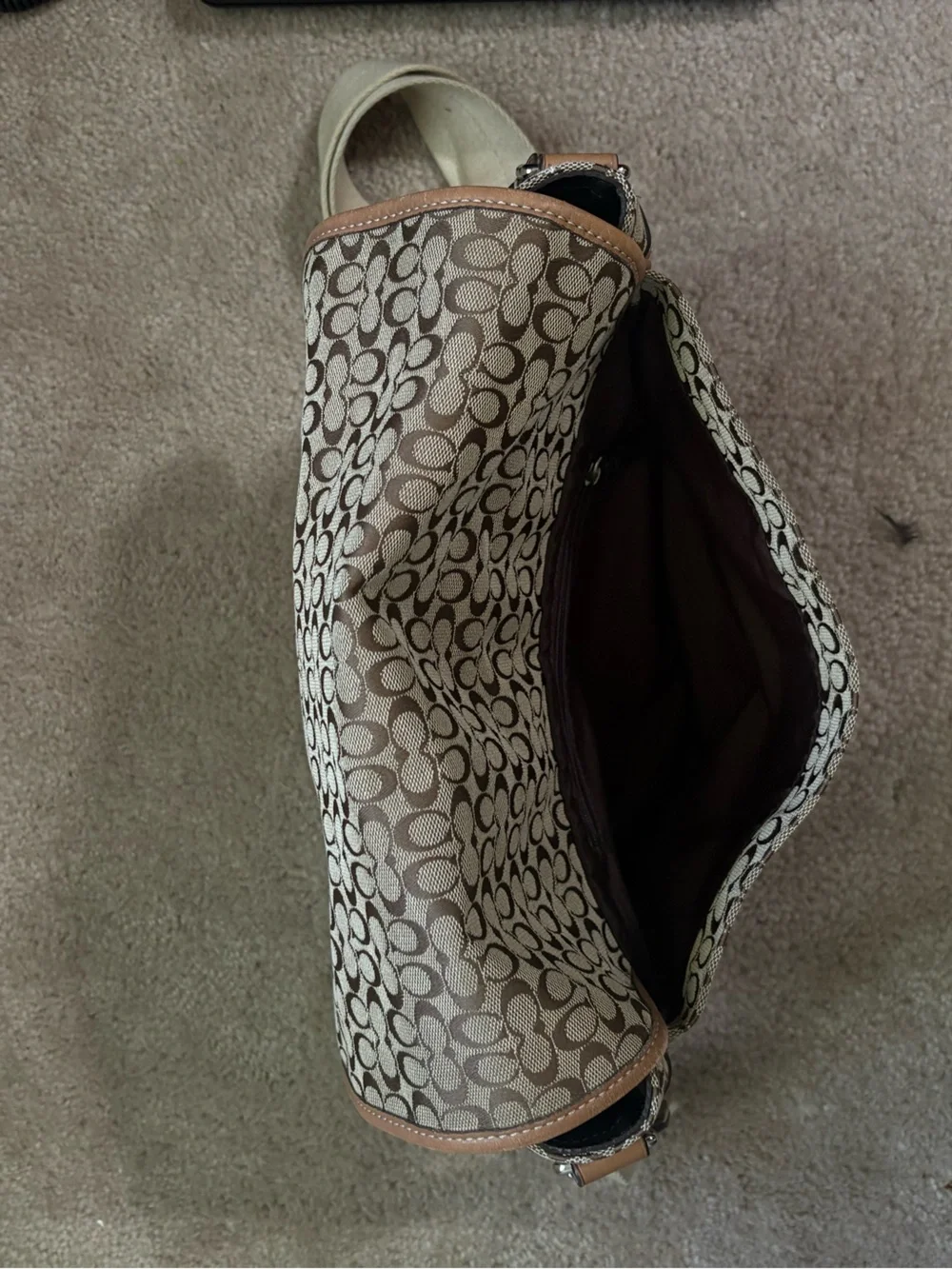 Y2K Coach Brown Signature Jacquard Canvas Messenger Bag with Tan Leather Trim